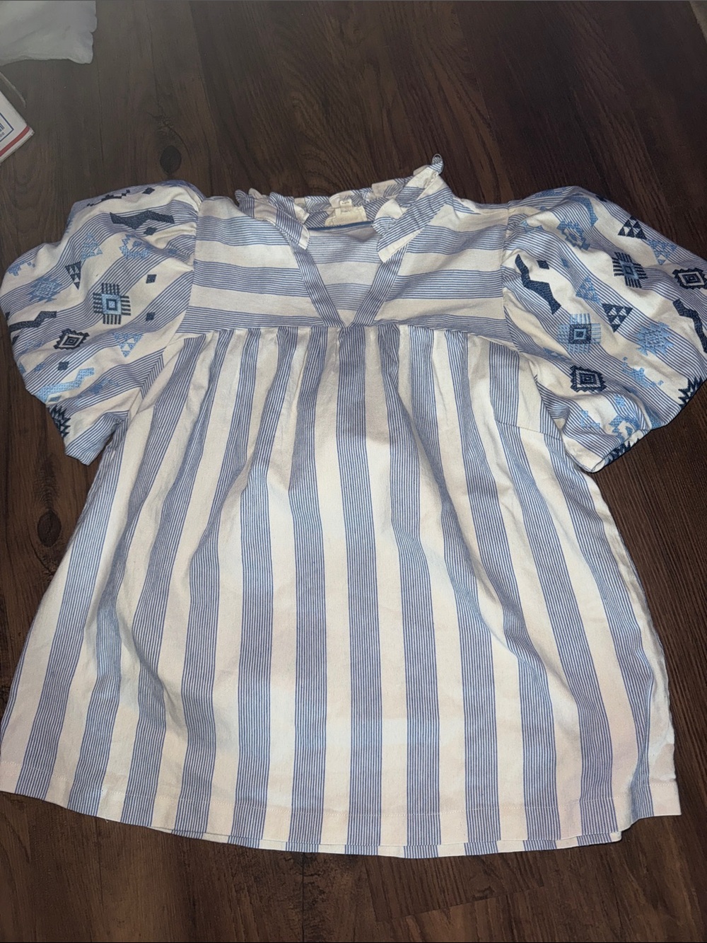 Umgee Blue & White Striped Embroidered Puff Sleeve Top